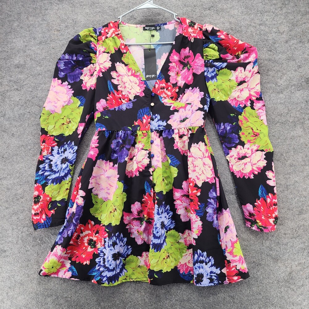 Nastygal Dress Womens US 8 Button Front Black Floral V Neck